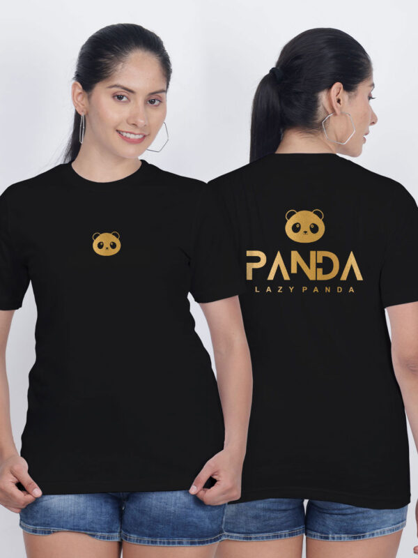 Black Cotton Lazy Panda Face Gold Printed Printed Women T-shirt