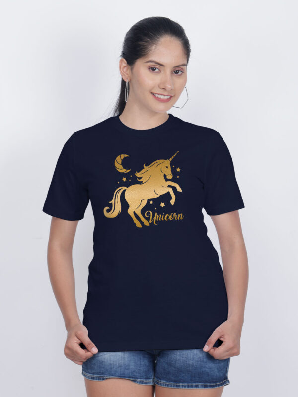 Nblue Cotton Unicorn Horse Gold Printed Printed Women T-shirt