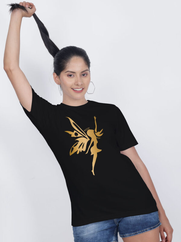 Black Cotton Angel Gold Printed Printed Women T-shirt