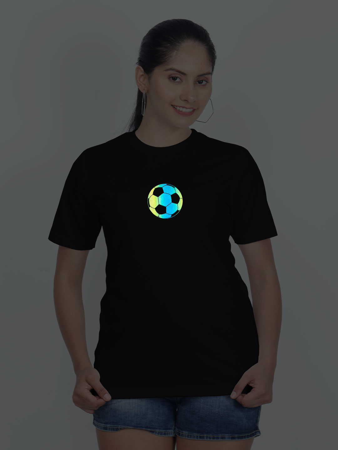 Black Cotton Football Rainbow Women T-shirt