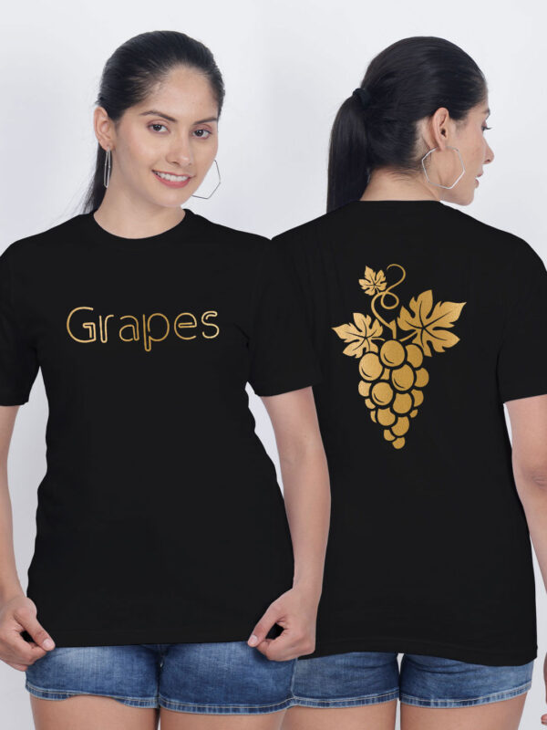 Black Cotton Grapes Gold Printed Printed Women T-shirt