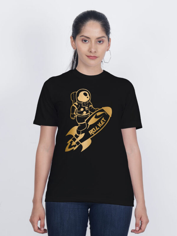 Black Cotton Astronaut Rocket Gold Printed Printed Women T-shirt