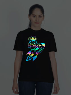 Black Cotton Astronaut Rocket Rainbow Women T-shirt