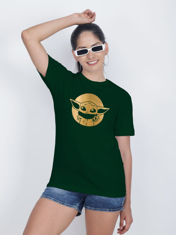 Bgreen Cotton Cute Baby Yoda Gold Printed Printed Women T-shirt