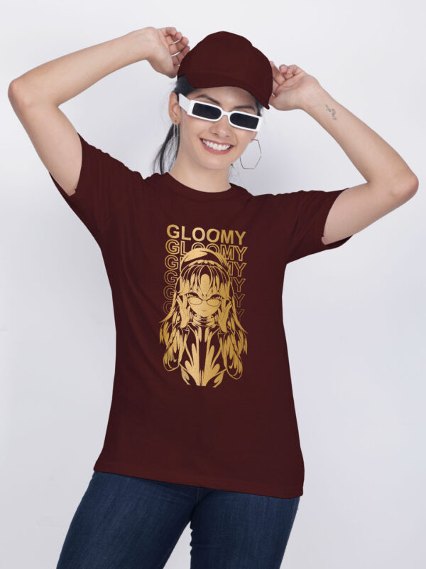 Maroon Cotton Gloomy Gold Printed Printed Women T-shirt