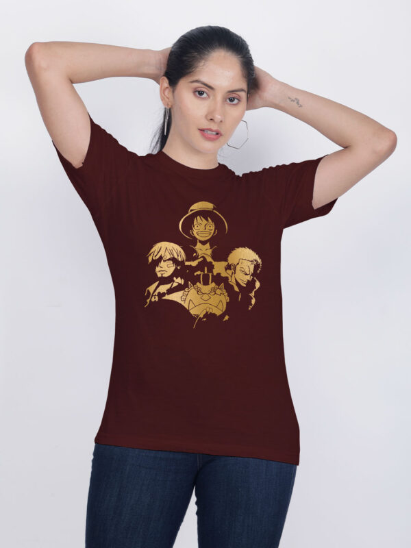 Maroon Cotton Anime Group Gold Printed Printed Women T-shirt