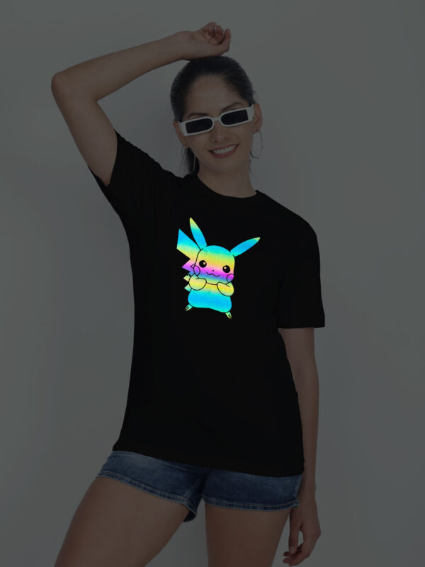 Black Cotton Cute Pickachu Rainbow Women T-shirt