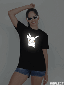 Black Cotton Cute Pickachu Reflective Women T-shirt