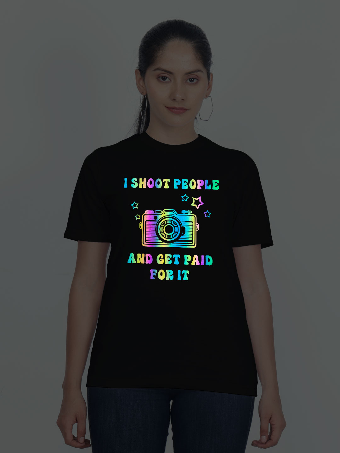 Black Cotton I Shoot People and Get paid Rainbow Reflective Women T-shirt