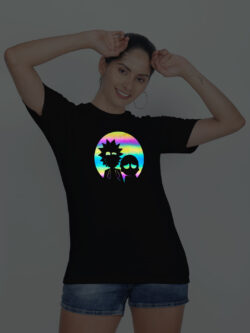 Black Cotton Rick and Morty Rainbow Reflective Women T-shirt