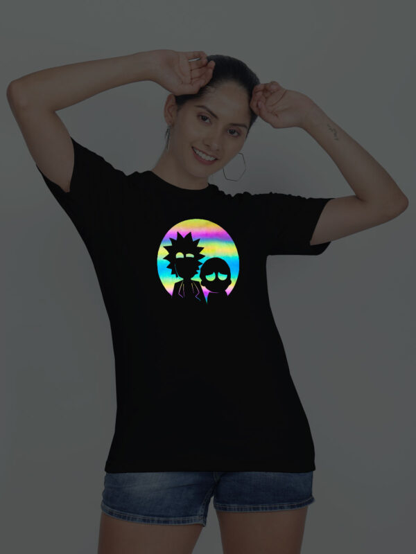 Black Cotton Rick and Morty Rainbow Reflective Women T-shirt