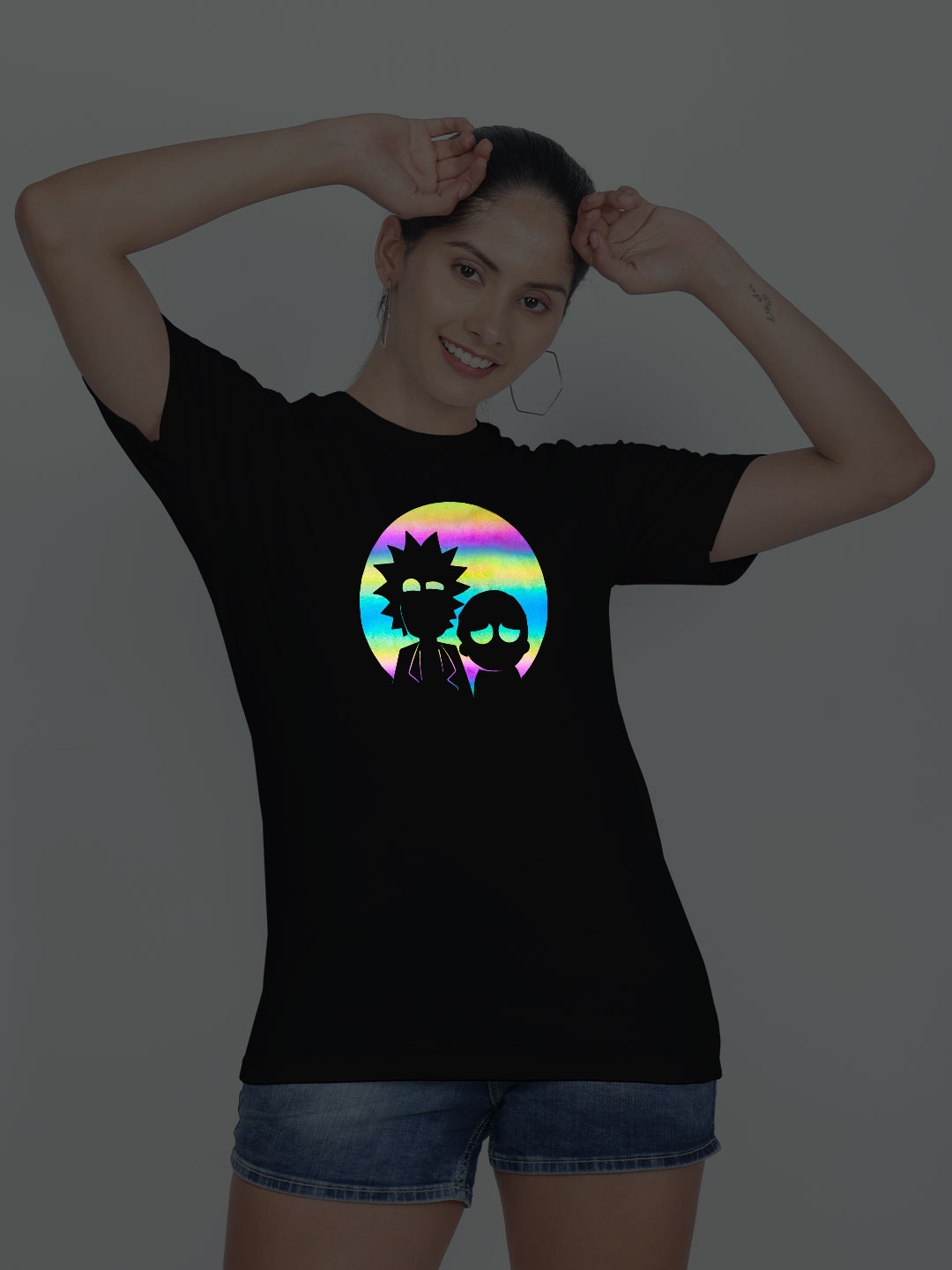 Black Cotton Rick and Morty Rainbow Reflective Women T-shirt