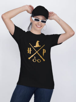 Black Cotton Harry Poter Halloween Gold Printed Printed Women T-shirt