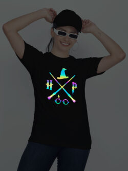 Black Cotton Harry Poter Halloween Rainbow Reflective Women T-shirt
