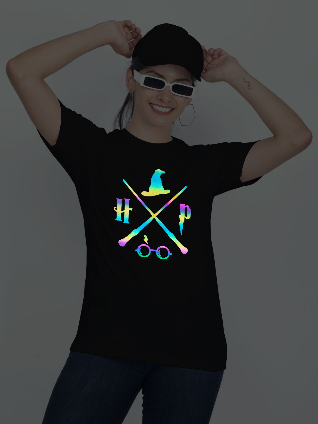 Black Cotton Harry Poter Halloween Rainbow Reflective Women T-shirt