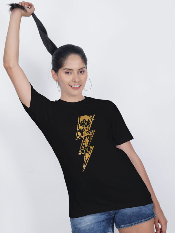 Black Cotton Halloween Gold Printed Printed Women T-shirt