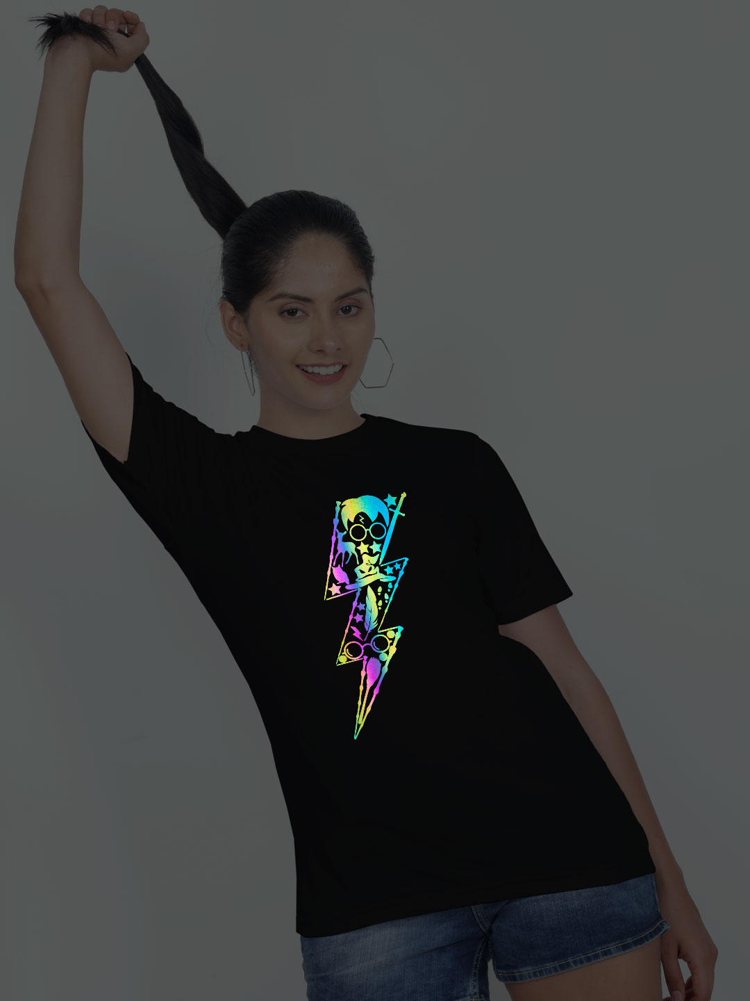 Black Cotton Halloween Rainbow Reflective Women T-shirt