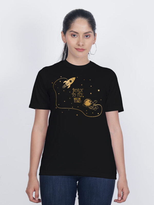 Black Cotton Astronaut Born to Fly Gold Printed Printed Women T-shirt