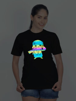 Black Cotton Pikachu Rainbow Reflective Women T-shirt