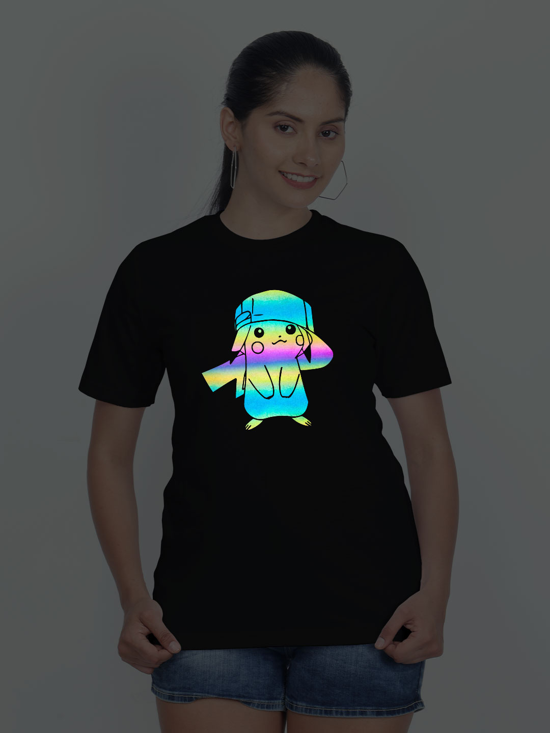 Black Cotton Pikachu Rainbow Reflective Women T-shirt