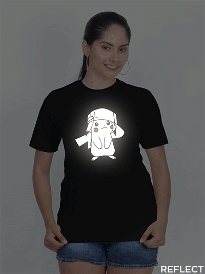 Black Cotton Pikachu Reflective Women T-shirt