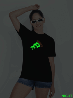 Black Cotton Pizza Slice Glow in Dark Women T-shirt