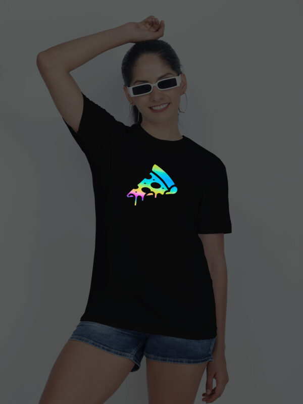 Black Cotton Pizza Slice Rainbow Reflective Women T-shirt