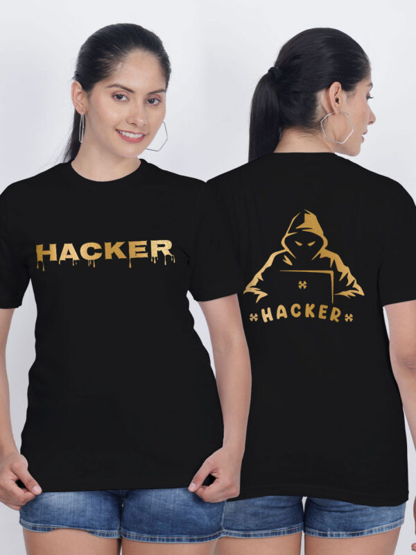 Black Cotton Hacker Gold Printed Printed Women T-shirt