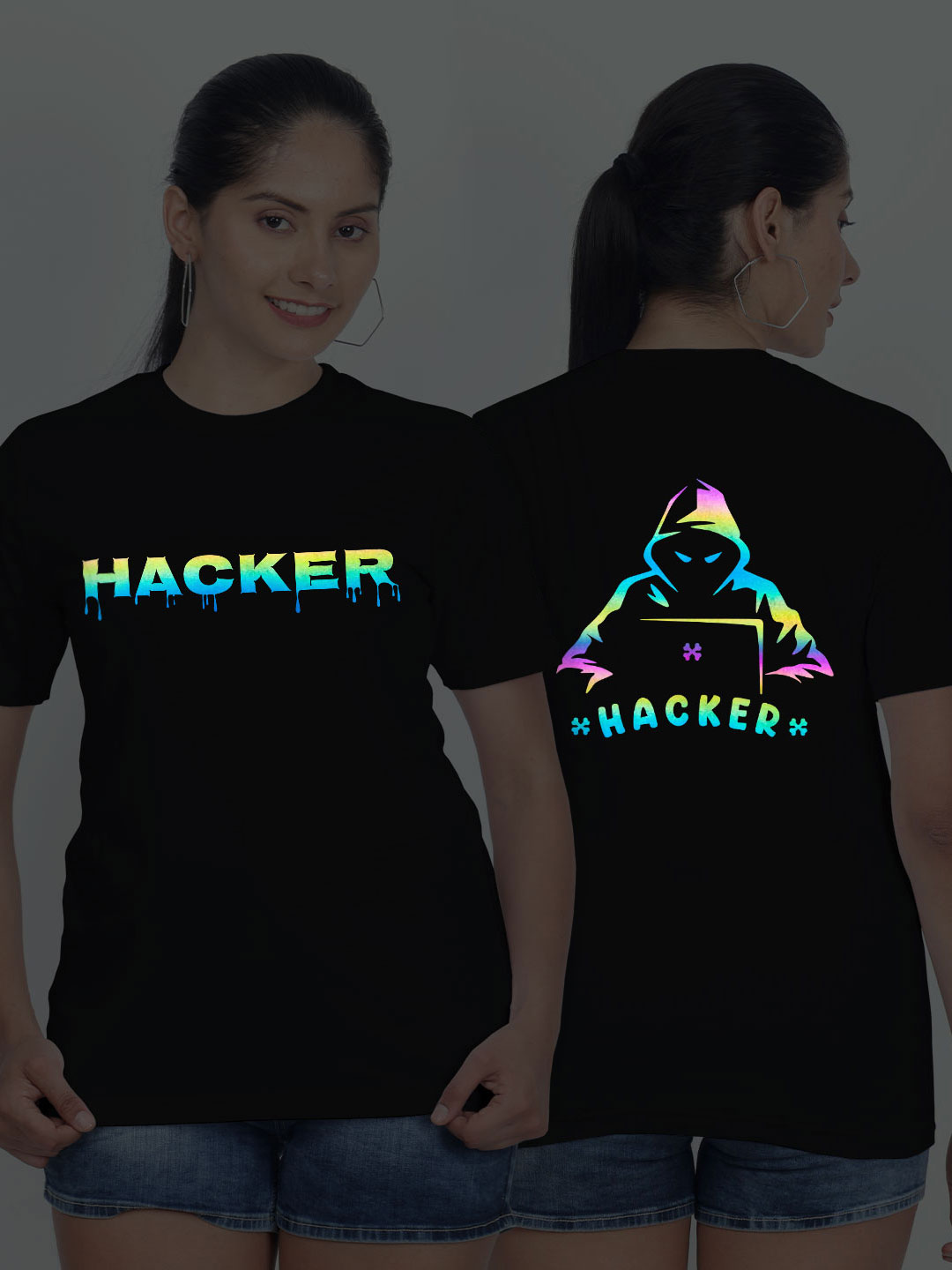 Black Cotton Hacker Rainbow Reflective Women T-shirt