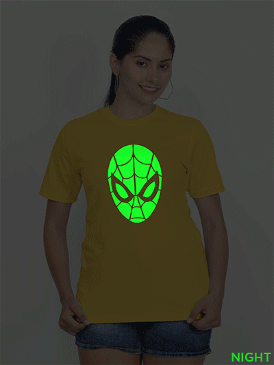 Yellow Cotton Spiderman Face Glow in Dark Women T-shirt