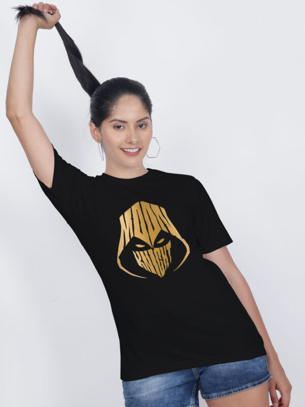 Black Cotton Moon Knight Gold Printed Printed Women T-shirt