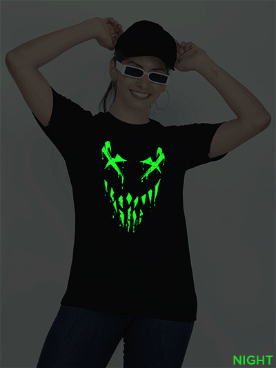 Black Cotton Halloween Smile Glow in Dark Women T-shirt