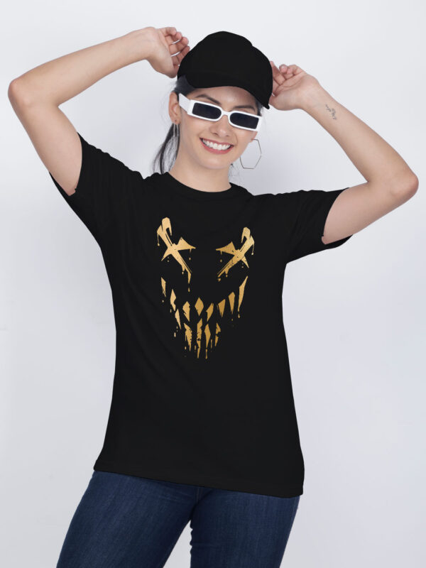 Black Cotton Halloween Smile Gold Printed Printed Women T-shirt