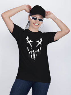 Black Cotton Halloween Smile Women T-shirt