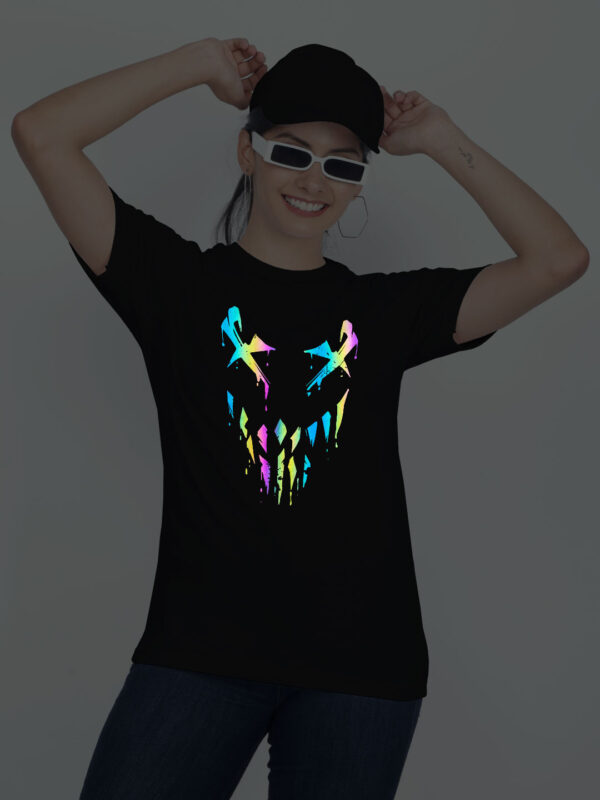 Black Cotton Halloween Smile Rainbow Reflective Women T-shirt