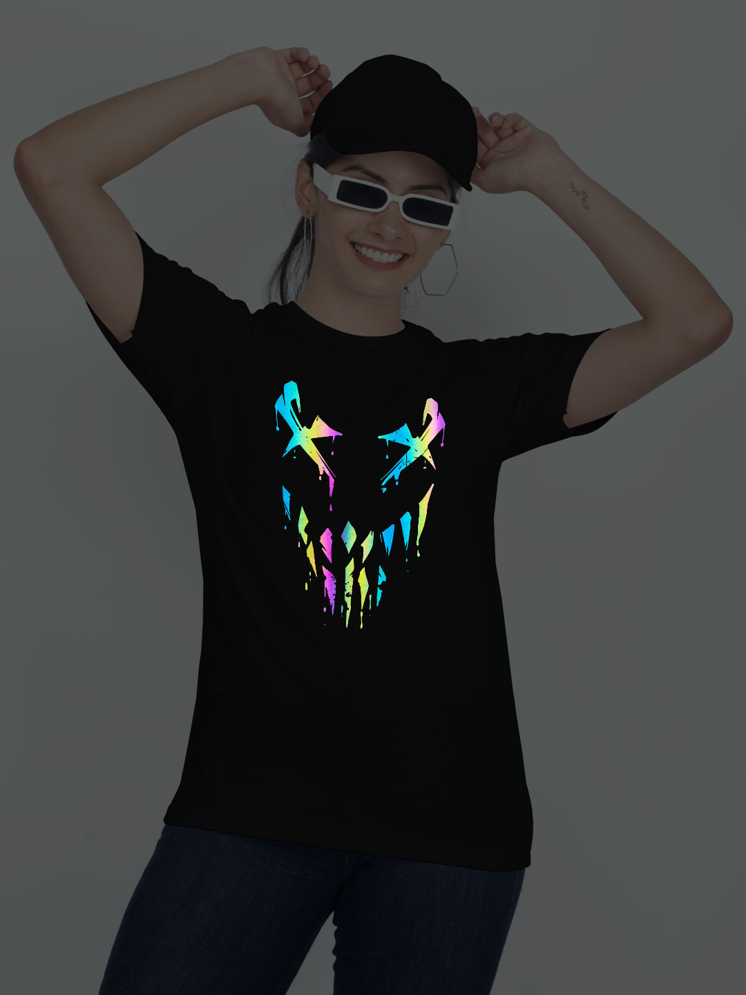 Black Cotton Halloween Smile Rainbow Reflective Women T-shirt