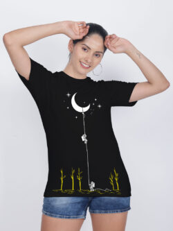 Black Cotton Astronaut and Moon Women T-shirt