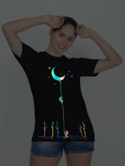 Black Cotton Astronaut and Moon Rainbow Reflective Women T-shirt