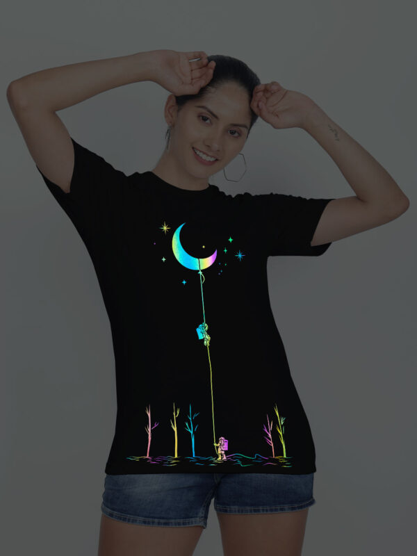 Black Cotton Astronaut and Moon Rainbow Reflective Women T-shirt