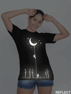 Black Cotton Astronaut and Moon Reflective Women T-shirt