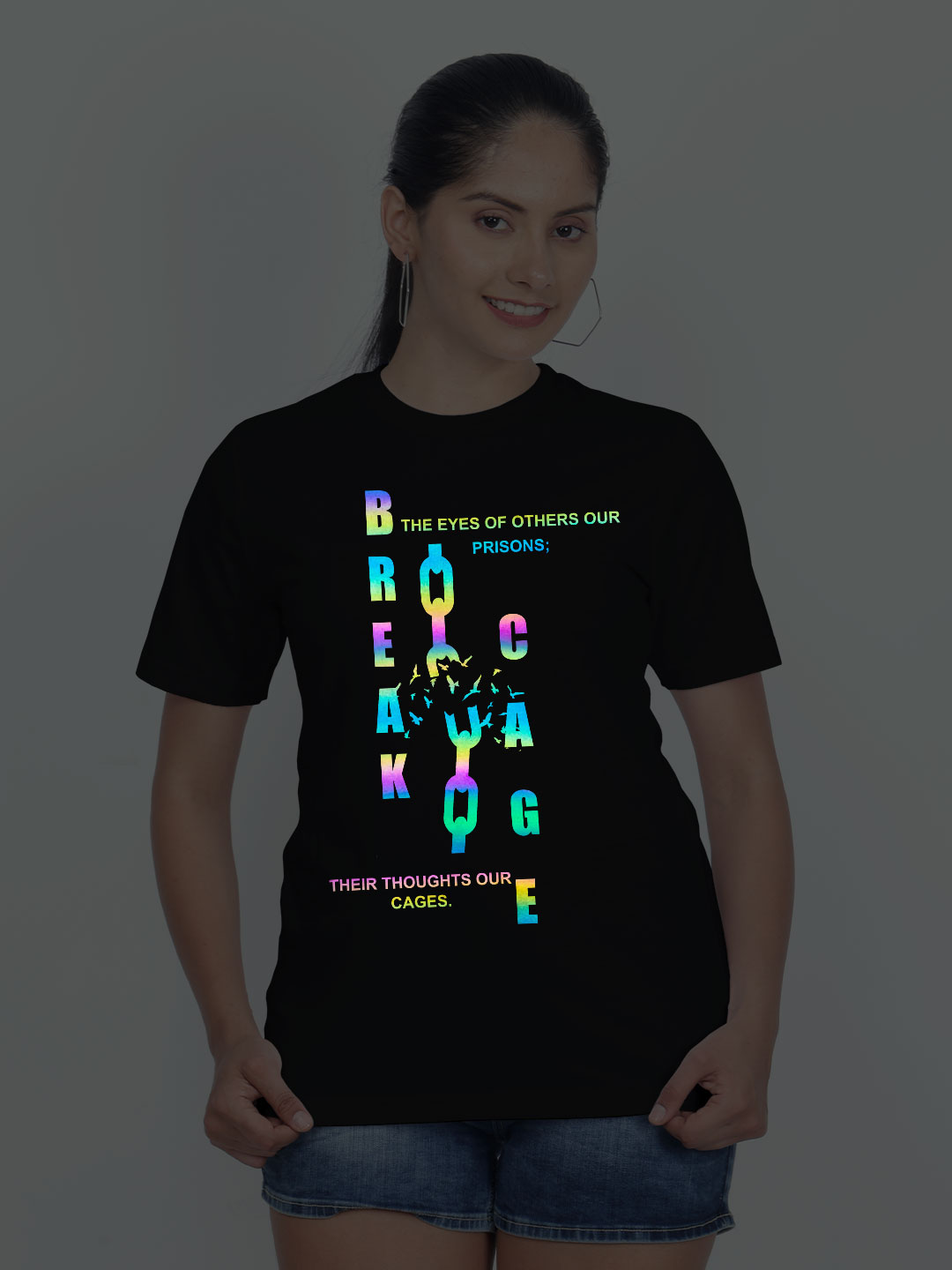 Black Cotton Break Cage Rainbow Reflective Women T-shirt