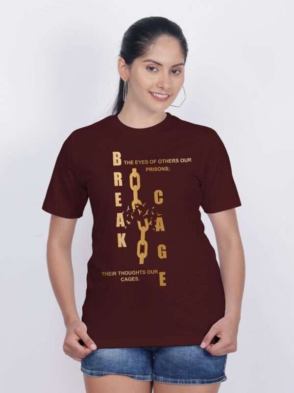 Maroon Cotton Break Cage Gold Printed Printed Women T-shirt