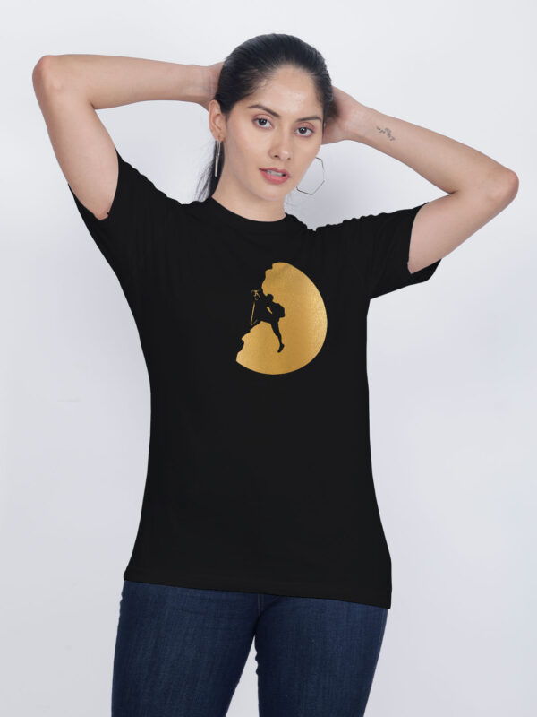 Black Cotton Trekking Gold Printed Printed Women T-shirt