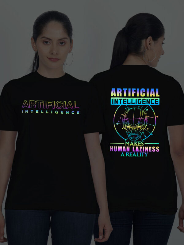 Black Cotton Artificial Inteligence Rainbow Reflective Women T-shirt