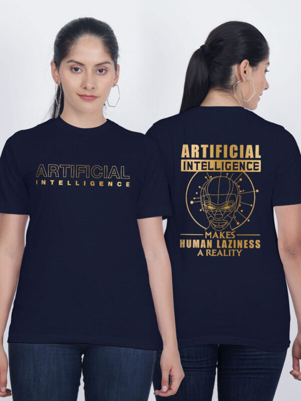 Nblue Cotton Artificial Inteligence Gold Printed Printed Women T-shirt