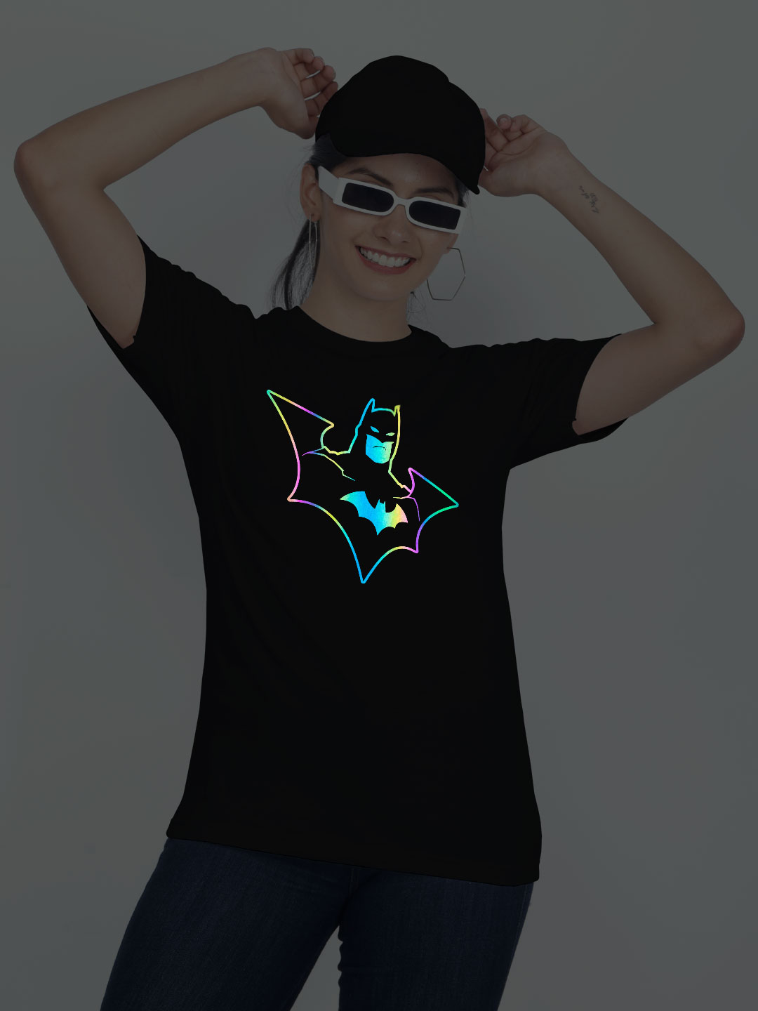 Black Cotton Batman Rainbow Reflective Women T-shirt
