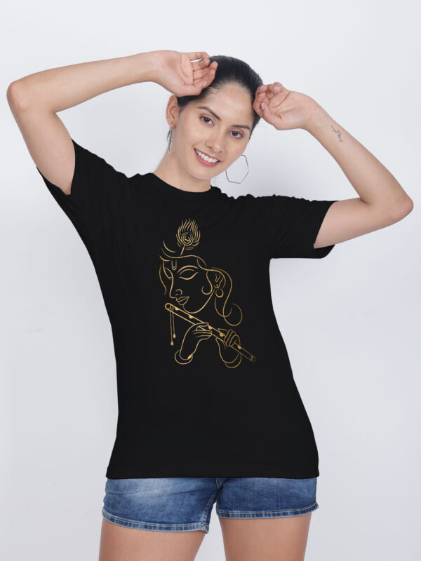 Black Cotton Flute Krishna Gold Printed Printed Women T-shirt