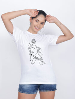 White Cotton Flute Krishna Women T-shirt