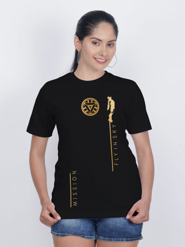Black Cotton Mission Fly Gold Printed Printed Women T-shirt