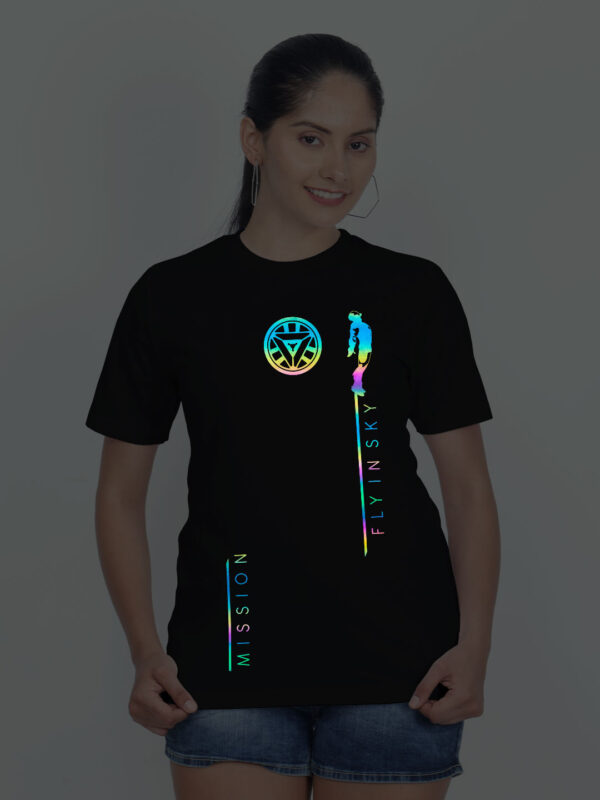 Black Cotton Mission Fly Rainbow Reflective Women T-shirt